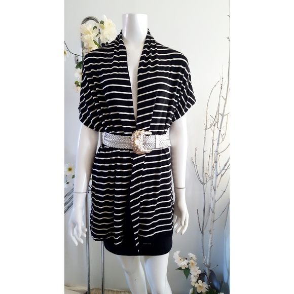 Reflections🔥Reversible💮Black White Striped Solid Cardigan Jacket - Picture 2 of 6